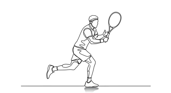 Continuous line drawing of a male tennis player in action, hitting a forehand shot.