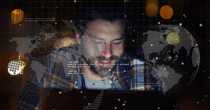 Typing bearded developer wearing plaid shirt, leaning over laptop at home, showing globe overlays