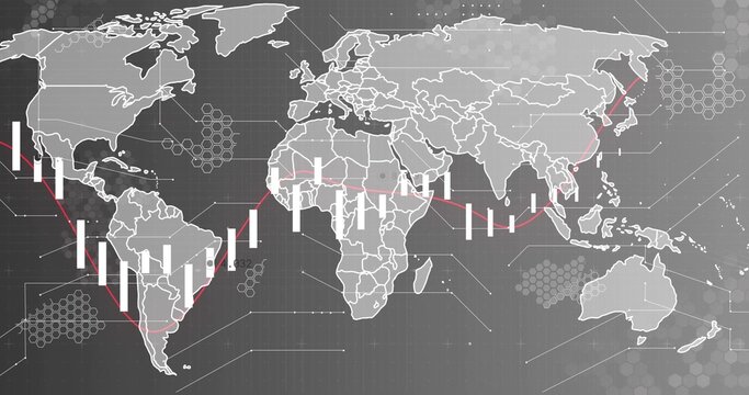 Displaying world map with candlestick bars and red trend line on dark grid dashboard, hex patterns