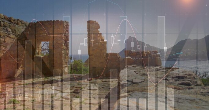 Displaying weathered stone ruins sitting on rocky terrace overlooking sea, with translucent graphs