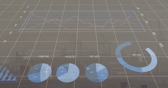 Projecting translucent data visuals across harbor port with grid plane line chart pie charts cranes