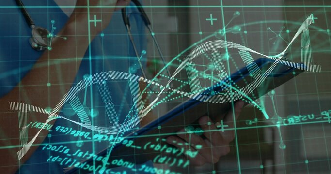 Holding tablet, doctor in scrubs examining medical data at hospital with stethoscope, DNA overlay