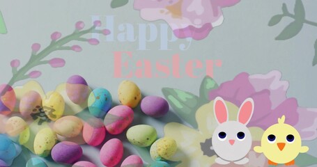 Showing Easter card with pastel speckled eggs, rabbit and chick, floral backdrop, Happy Easter text © vectorfusionart