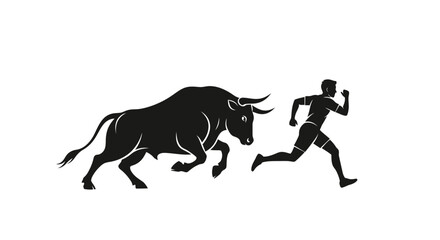Silhouette of a runner being chased by a charging bull, symbolizing fear and challenge. © Kopi