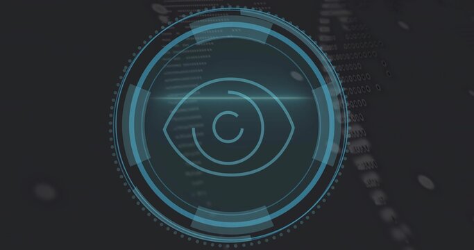 Glowing cyan-blue circular HUD pulsing in dark virtual field, showing eye, rings, arcs, lens flare