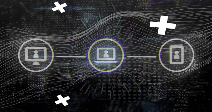 Displaying central node pulsing with chromatic halo in dark network, showing monitor laptop icons