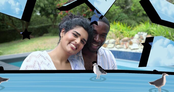 Smiling couple leaning at poolside, wearing crochet cover-up and striped shirt, seagull overlays