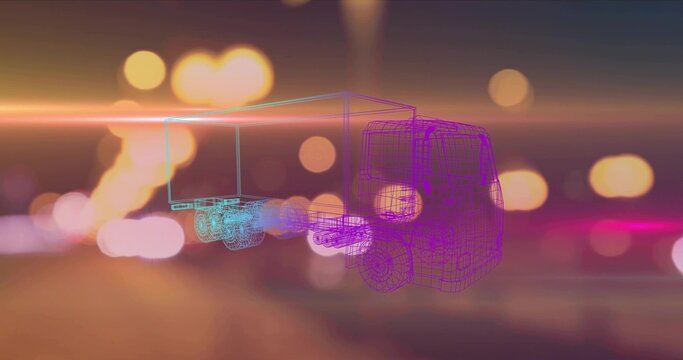 Floating wireframe semi-truck and trailer hovering in night bokeh, showing cyan magenta mesh