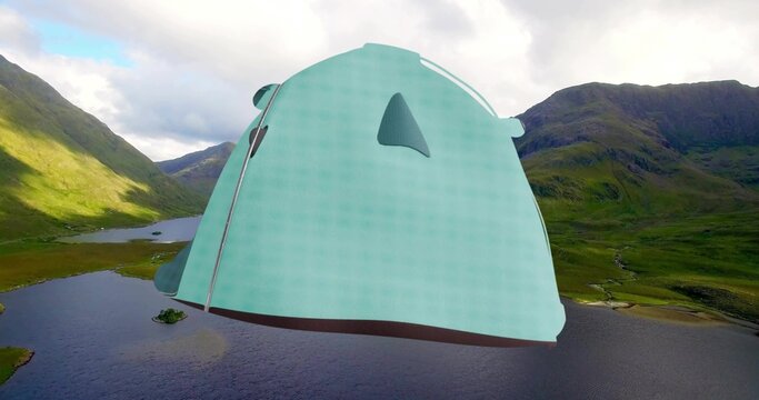 Hovering teal tentlike 3D structure casting shadow over mountain lake in valley, with vents