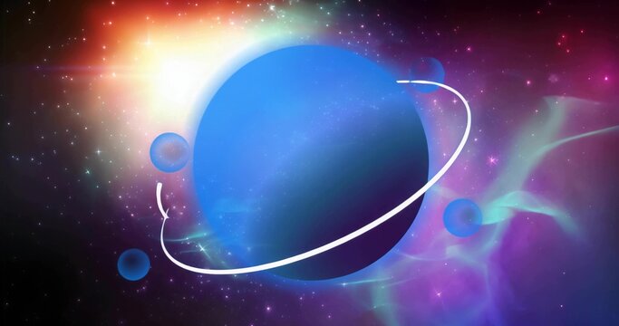 Displaying large blue planet glowing under rim lighting in deep space, bright ring and three moons