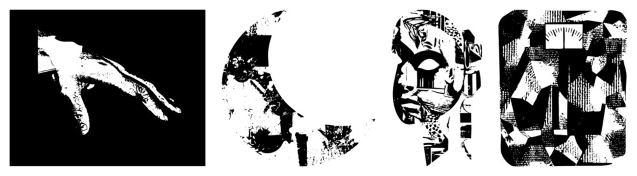 halftone hand gesture with fragmented geometric masks, stylized cutout artwork, surreal collage composition, black and white print aesthetic.