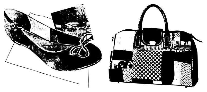 Fashion accessories graphic featuring stiletto pump and tote bag, women&rsquo;s footwear and purse design, print style, retro pop art aesthetic.