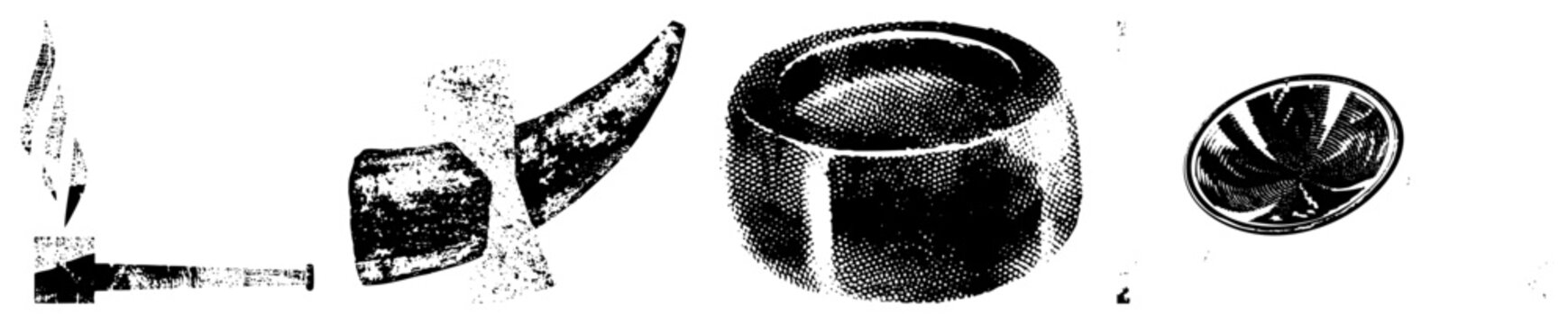 Retro tobacco paraphernalia collection including cigarette holder, smoking pipe, ashtray, and bowl also known as nicotine gear or smoke tools. Ideal for bar, lounge, or noir themed designs.