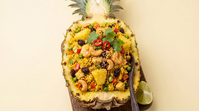 A vibrant and delicious pineapple fried rice. showcasing a visual feast of culinary creation, tantalizing taste buds with an appetizing aroma and the interplay of fresh ingredients
