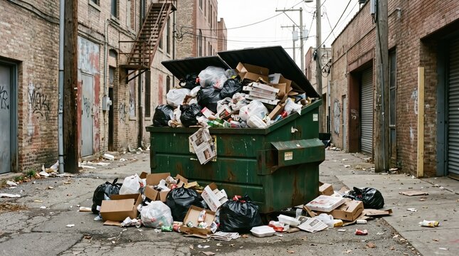 Green dumpster overflowing with bags in brick alleyway scene