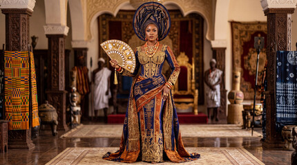 Obraz premium An elegant woman, adorned in regal attire and holding a fan, stands gracefully within a stunning, historically rich building, embodying poise and luxury.