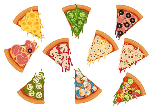 Delicious pizza slices vector, variety of toppings, cheesy and appetizing food illustration