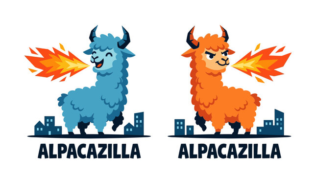 Vibrant illustration of two powerful, fire-breathing furry characters, resembling giant llamas, stomping over miniature cityscapes in a playful, monster-themed design