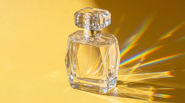 Transparent perfume bottle refracting rainbow light on yellow background close-up