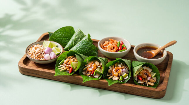 A visually stunning composition featuring Miang Kham, a traditional Thai snack, artfully arranged on a wooden tray, showcasing a delightful array of fresh ingredients and vibrant colors.