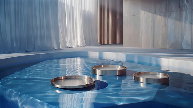 High-end mockup stage featuring a brushed brass hollow ring podium against a aquatic deep blue rippling water surface