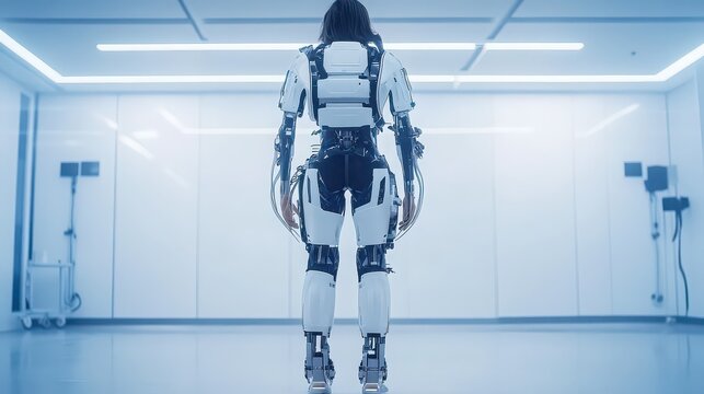 Person wearing futuristic exoskeleton suit in laboratory setting with white background and blue lighting