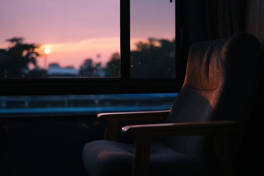 窓際の椅子に夕方の光が差し込む