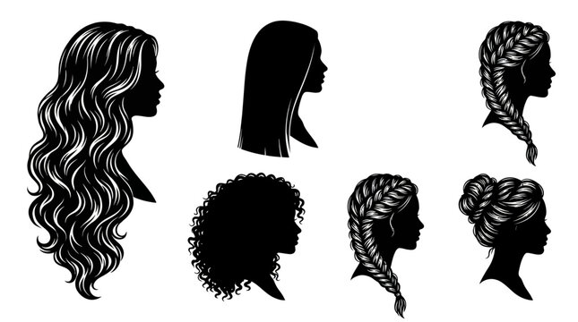 Hairdressing Beauty Silhouettes: Set of Stylized Female Hairstyles Vector Icons