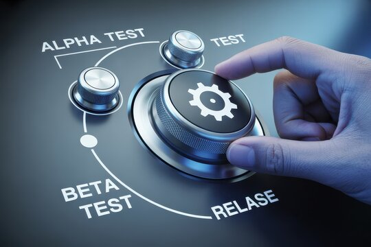 Conceptual image of a hand turning a dial through software development stages from alpha test to release
