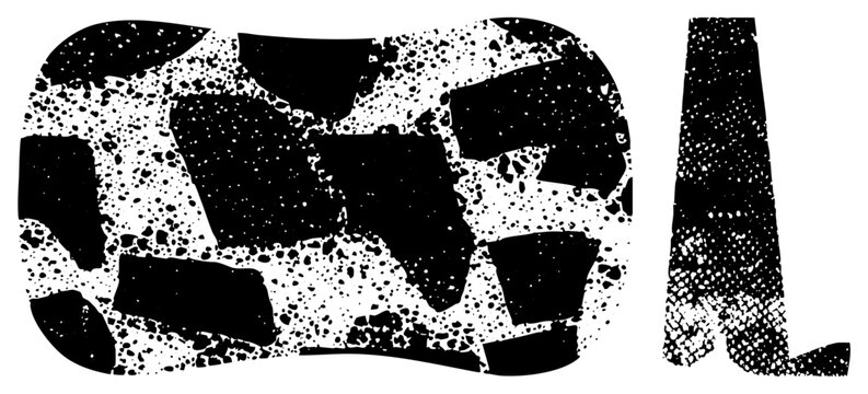 Grunge style halftone graphic featuring speckled dots, pixelated noise effect, distressed aesthetic, design, digital artifact texture.