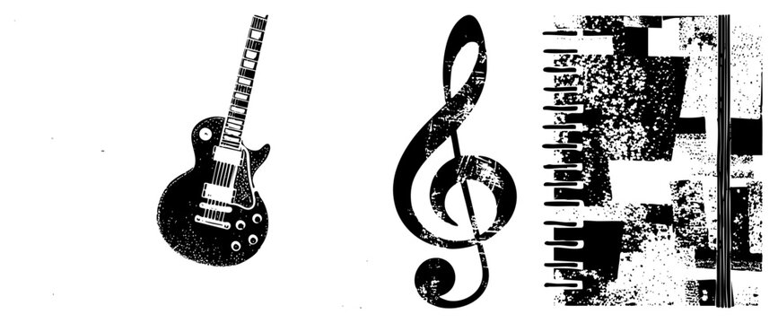 Distressed music symbols including electric guitar silhouette, treble clef glyph, and abstract noise ideal for band merch, album art, or punk rock design.