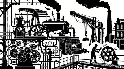 Obraz premium Industrial Revolution Factory Machinery Black White Line Art Illustration