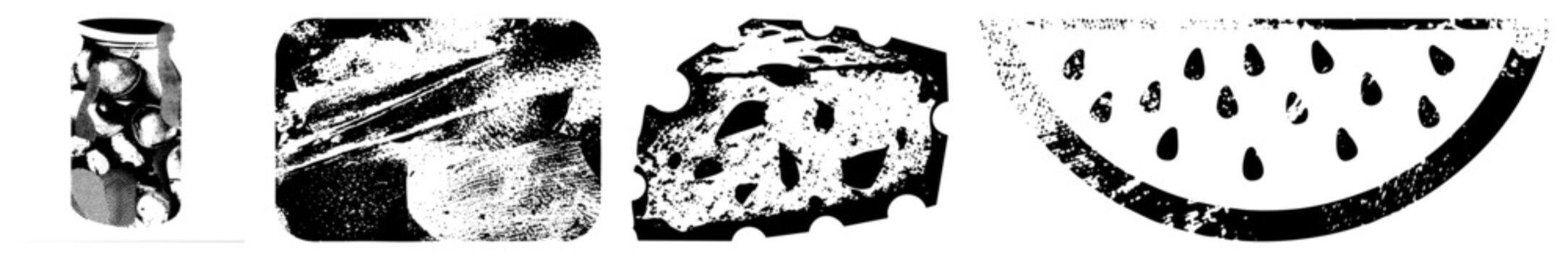 Vintage food illustrations including dill pickles, artisan bread loaf, cheese wedge, and watermelon slice retro kitchen graphics, distressed culinary symbols.