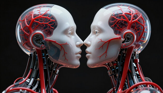 Two robotic heads with neural networks in intimate proximity