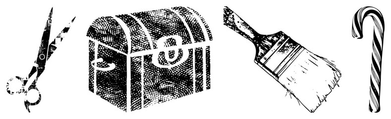 Obraz premium vector cutout featuring scissors (shears), treasure chest (coffer), paintbrush (art brush), and candy cane (holiday stick) with stippled texture.
