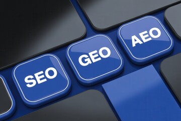Keyboard Keys for SEO, GEO, and AEO Representing the Evolution of Search Engine Optimization