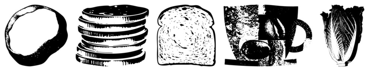 Obraz premium food illustrations including sliced loaf, bagel, lettuce head, and coffee mug ideal for menus, packaging, or print also called culinary or edible glyphs.