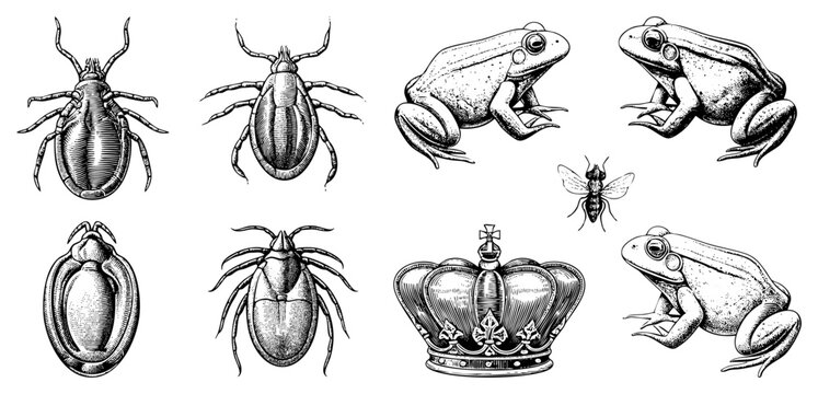 Detailed etched depictions of arachnids, amphibians, insects, and regalia acari, anurans, hymenoptera, and coronet motifs rendered with and stippling.