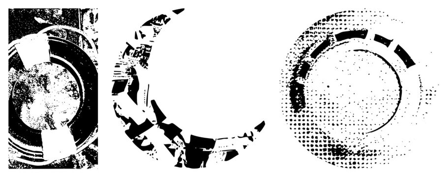 Geometric circular motif rendered in halftone, dot matrix, pixelated ring design, broken arc composition, vector art element.