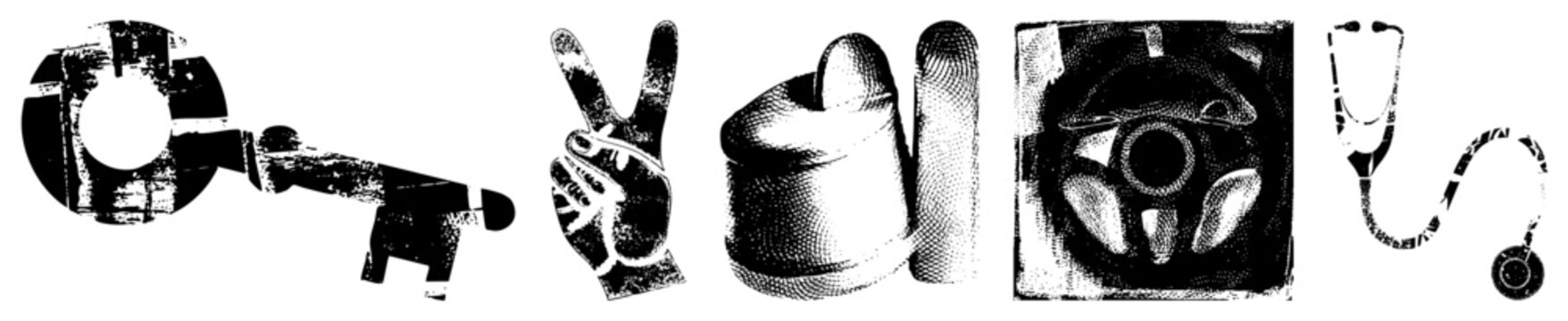 halftone pictograms including optical telescope, victory gesture, approval thumb, auto wheel, medical stethoscope stylized glyph symbols for UI or print design.