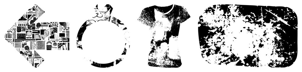 Fototapeta premium Stylized black and white graphic elements featuring fragmented, pixelated textures, and symbolic silhouettes ideal for digital art or print design. Isolated, cutout, rgba.