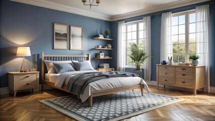 Fototapeta premium A photo of a simple and cozy bedroom with soft blue walls, a white bed with a navycolored quilt, a wooden dresser with a touch of silverware, a small