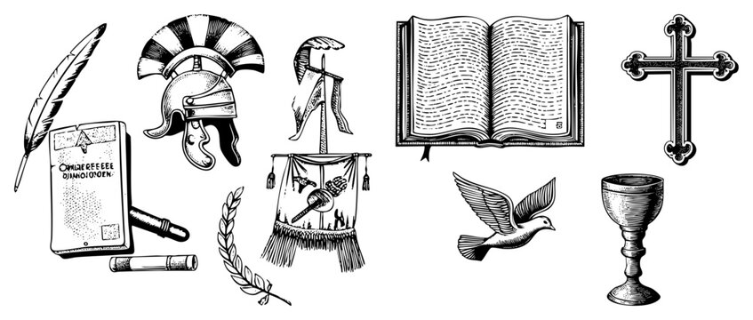 Historical including Roman helmet, gospel book,,,, laurel wreath, and banner also termed classical emblems or religious totems.