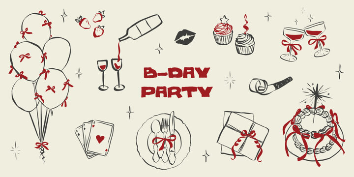Festive party illustration set featuring hand sketched birthday elements, bachelorette icons, vintage ribbons, and quirky celebration doodles in playful style. Whimsical vector illustration