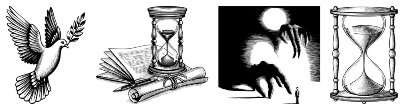 with olive sprig, sand timers, spectral hands over figure of peace, urgency, dread. Isolated, cutout, rgba