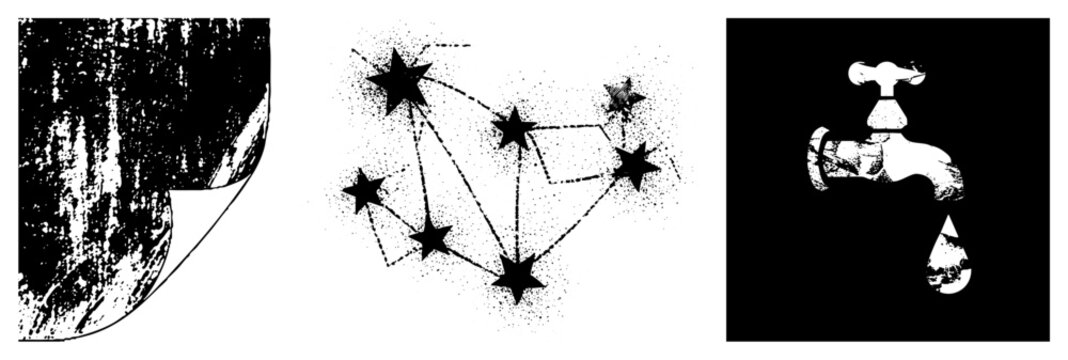 Distressed sticker edge, celestial star map with dotted halftone, tap water droplet all as isolated cutouts. decal corner, astrological chart, faucet symbol.
