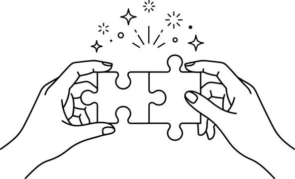 Hand drawn illustration of two hands connecting puzzle pieces representing teamwork and successful cooperation, isolated on transparent background