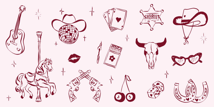 Cowgirl set in hand drawn coquette style. Outline whimsical symbols perfect for bachelorette celebrations or western themed party designs. Doodle vector illustration