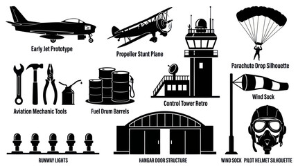 Obraz premium Aviation Industry Glyph Icons Set - Aircraft, Pilot, Airport, Mechanic Silhouettes