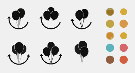 Fototapeta premium Black and colorful balloons floating with arrows showing movement directions